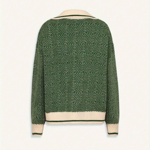 Green Casual Women's Knitted Long-Sleeved V-Neck Pullover sweater top - Picture 4 of 5